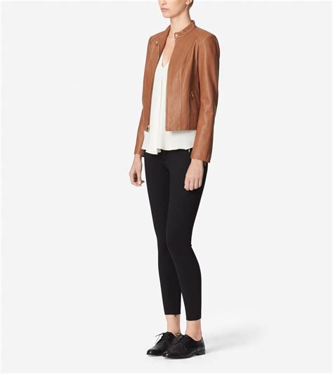 Womens Leather Racer Jacket In Chestnut Cole Haan