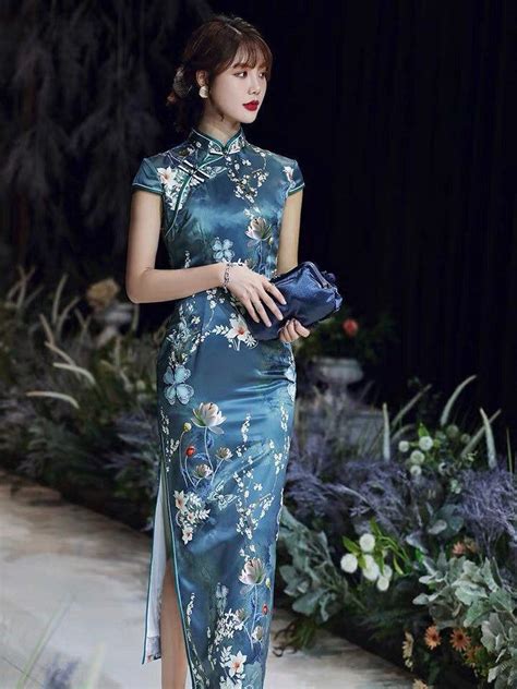 traditional chinese dress china cheongsam long qipao lake etsy in 2021 chinese dress