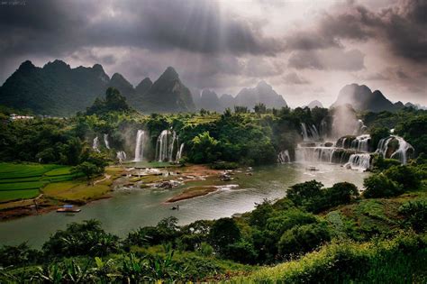 Waterfall River Landscape Jungle Sunlight Clouds Mountains Trees Forest