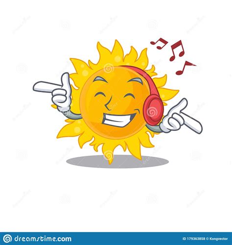 Cartoon sun character wearing sunglasses. Summer Sun Cartoon Design Concept Listening Music Stock ...