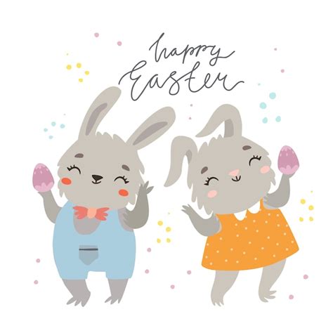 Free Vector Happy Easter Greeting Card With Cute Bunnies Couple