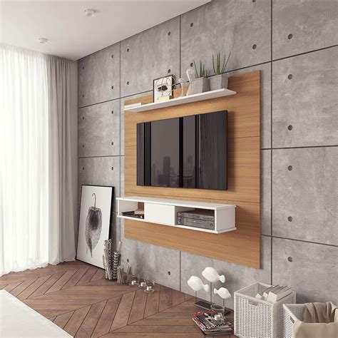 Modern Floating Tv Shelf With Wall Board And Multiple Shelves White