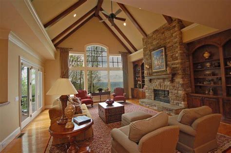 Great Room W Vaulted Ceiling And Stone Fireplace Vaulted Ceiling