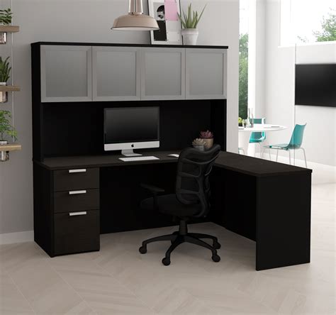 Premium L Shaped Desk With Hutch In Deep Gray Black
