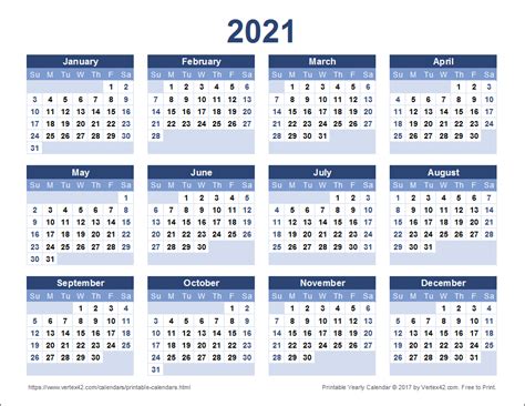 Calendar 2021 Printable Year Calendar