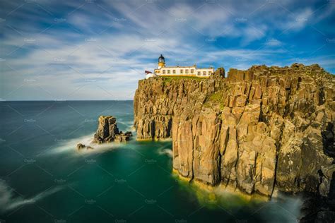 Neist Point Lighthouse At Isle Of Skye In Scotland Stock Photo