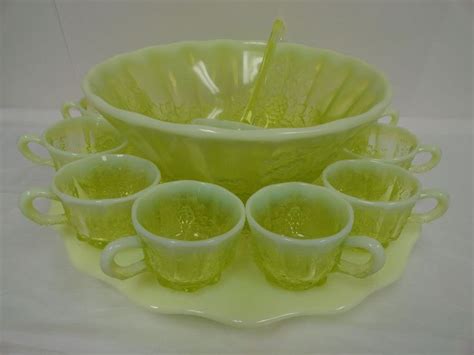 Mosser Glass Vaseline Opalescent Glass Punch Bowl Set Piece Set