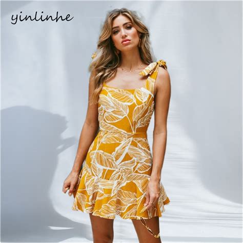 yinlinhe leaf print yellow summer dress backless sexy strap dress women sleeveless lace up bobo
