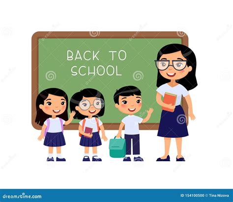 Teacher Greeting Pupils In Classroom Flat Vector Illustration Stock