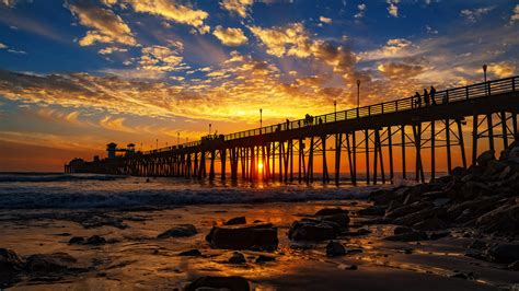 Red Sunset At The Oceanside Pier San Diego California United States Of