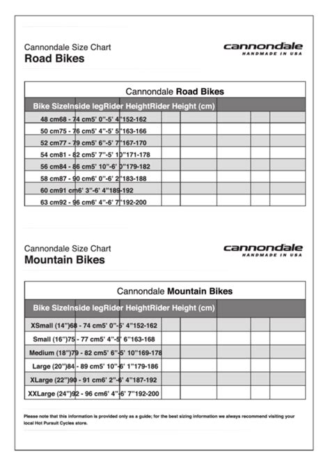 Cannondale Road Bikes Size Chart Printable Pdf Download