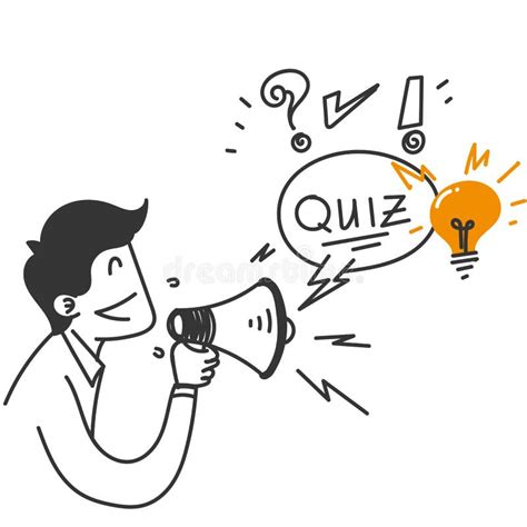 Hand Drawn Doodle Person In Megaphone Shouting Quiz Logo In Comic Style