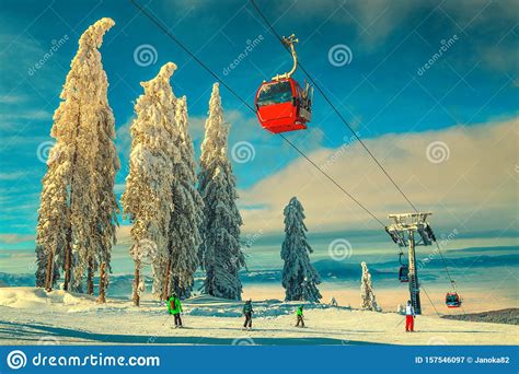 Winter Ski Resort With Snow Covered Trees And Active Skiers Stock Image