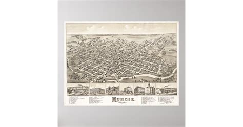 Vintage Pictorial Map Of Muncie Indiana 1884 Poster Nz