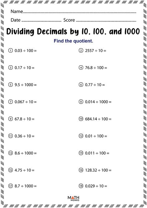 Dividing Decimal Numbers By 10 And 100 Worksheets