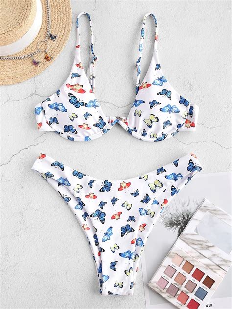 zaful underwire butterfly print brazilian bikini swimwear black light blue light pink in 2021
