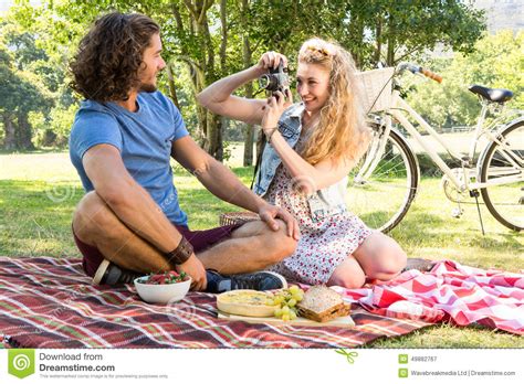 Cute Couple Having A Picnic Stock Image Image Of Food Camera 49882767