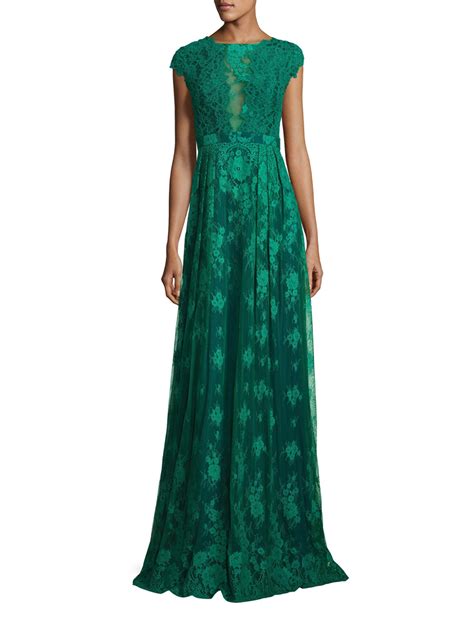 Ml Monique Lhuillier Open Back Lace Gown In Green Lyst