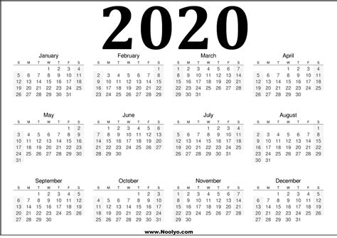 2020 Printable Year Calendars Red Black And White