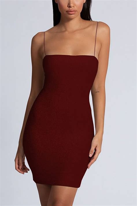 Women Dark Red Glitter Spaghetti Straps Sexy Party Bodycon Dress M