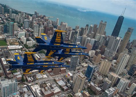 Us Navy Blue Angels Fly In Diamond Formation Over Downtown Chicago