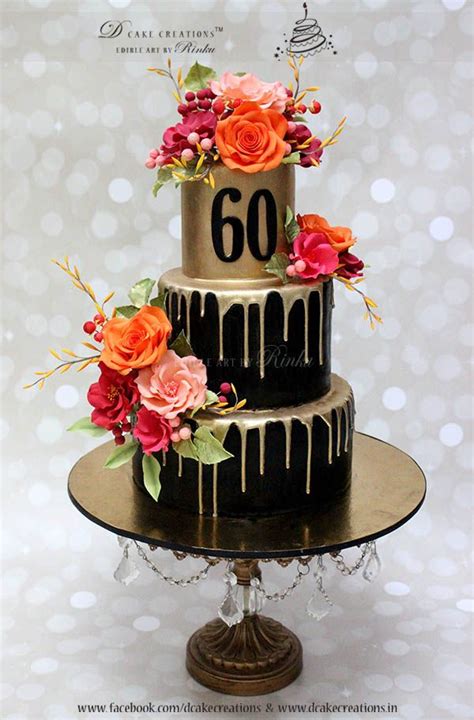Cake delivery available to brisbane north side, brisbane south side and other areas in brisbane and the gold coast. Three Tier Black & Gold Cake with Sugar Flowers for 60th ...
