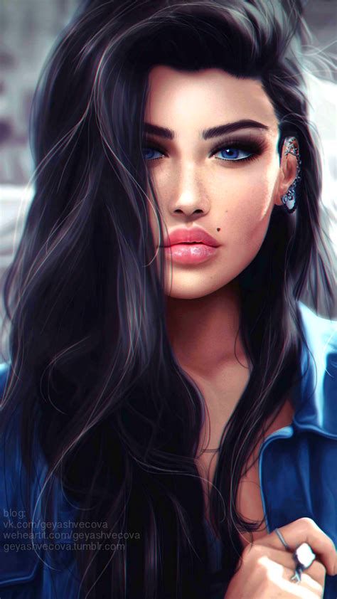 A Painting Of A Woman With Long Black Hair And Piercings On Her Ear
