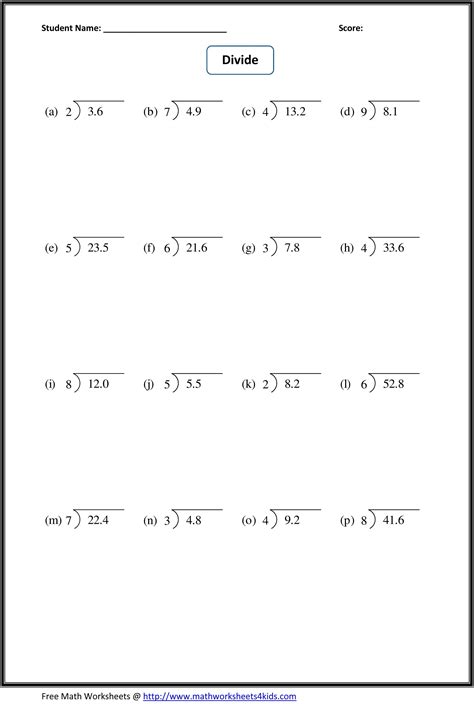 Dividing decimals worksheets
