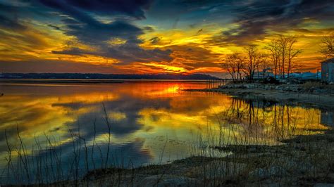 Yellow Sunset Over The Lake 1920 X 1080 Hdtv 1080p Wallpaper