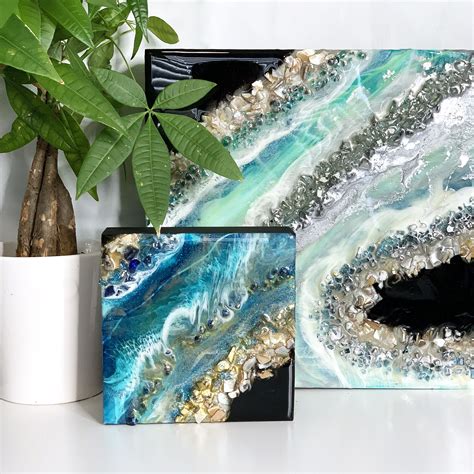 Aquamarine Resin Geode Modern Geode Wall Art 12x12x2 Wood Geode