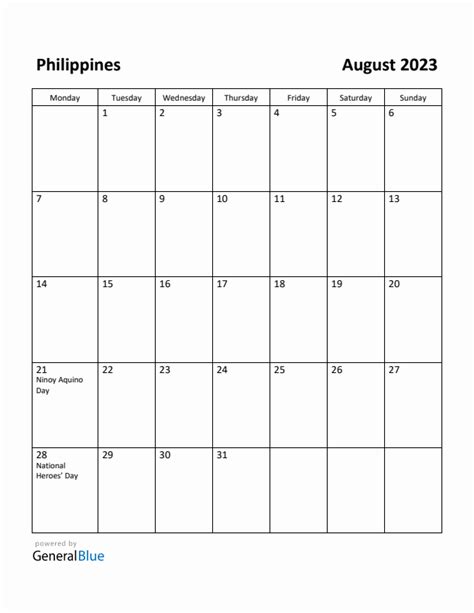 Free Printable August 2023 Calendar For Philippines
