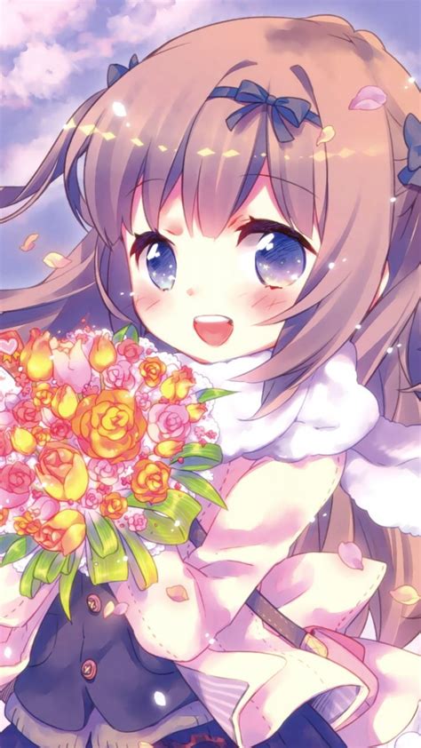 Anime Girl Cute Flowers Bouquet 720x1280 Wallpaper Animesmangas
