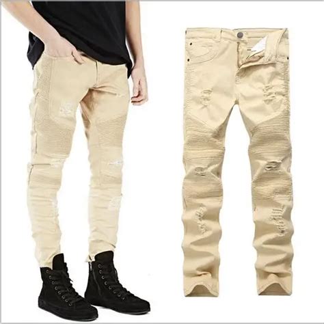 Khaki Skinny Denim Moto Jeans Stretch Men Biker 2017 Ripped Jeans For