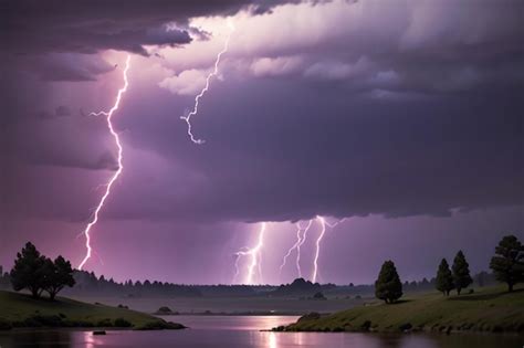 Premium Photo A Lightning Storm Over A Lake With A Tree In The Foreground