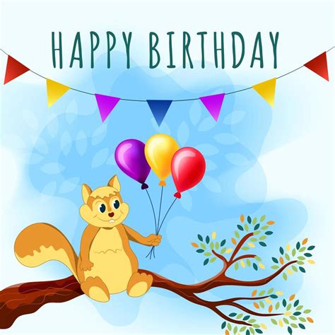 Happy Birthday Card With Cute Squirrel Tree Branch And Balloons