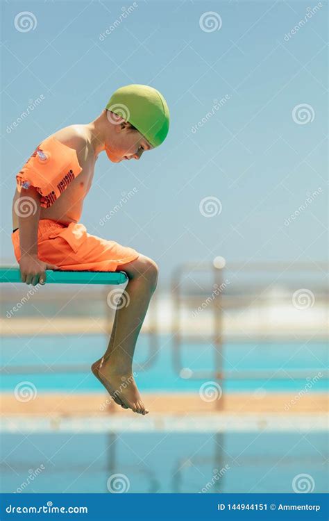 Boy Afraid Of Diving In The Pool Stock Image Image Of Plank Little