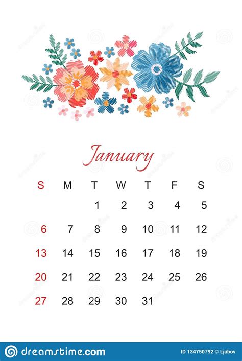 A year in flowers calendar. January. Vector Calendar Template For 2019 Year With ...