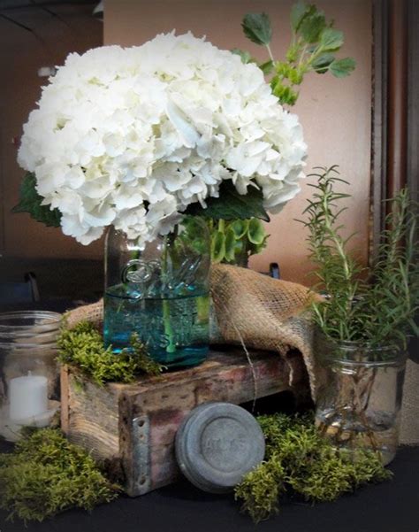 Blue Mason Jars And Wood Centerpieces Alice Joe