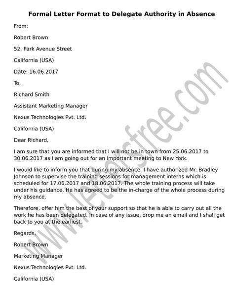 Sample Letter Format To Delegate Authority In Absence Free Letters