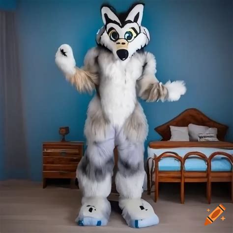 Gray Wolf Fursuit Standing In A Bedroom