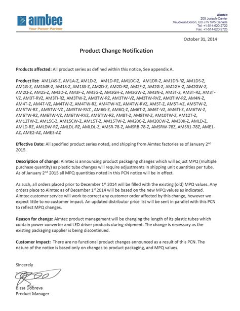 Including the companies listed below. Product Change Notification - Packing Change