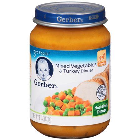 Nutritional value of a cooked product is provided for the given weight of cooked food. Gerber® 3rd Foods® Mixed Vegetables & Turkey Purees Dinner ...