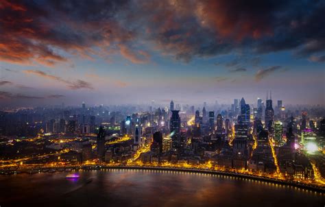 Wallpaper City Lights China Shanghai Twilight Sky Sea Sunset