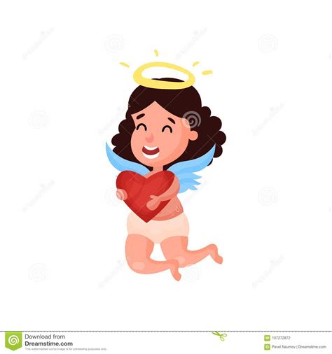 Sweet Little Brunette Angel Girl Flying With Red Heart