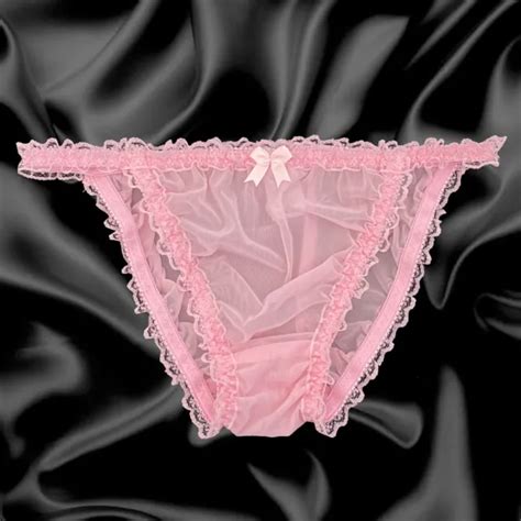Baby Pink Sissy Sheer Soft Nylon Frilly Tanga Bikini Panties Knickers Size