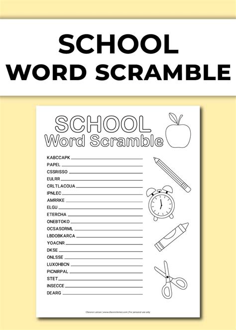 Free Printable School Word Scramble Chevron Lemon