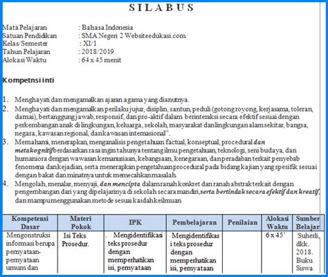 Inilah silabus k13 sd revisi 2020/2021 untuk kelas 1, 2, 3, 4, 5, 6 sebagai pendukung perangkat pembelajaran kurikulum 2013 di semester 1 dan semester 2. Silabus Bahasa Indonesia Kelas 11 K13 Revisi 2018 ...
