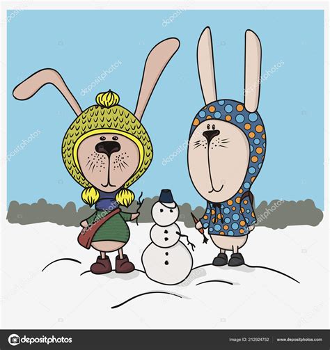 Vector Winter Illustration Two Cute Bunnies Clothes Snowman Stock