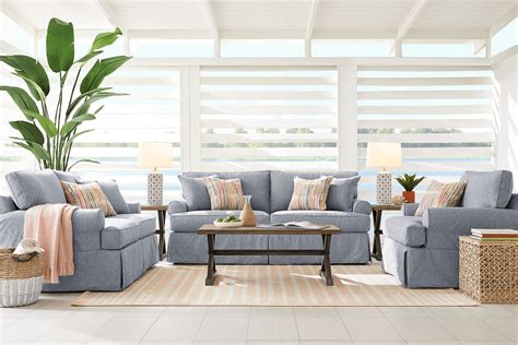 Cindy Crawford Beachside Walk 7 Pc Blue Cotton Fabric Living Room Set