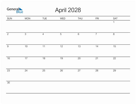 Printable April 2028 Monthly Calendar Sunday Start